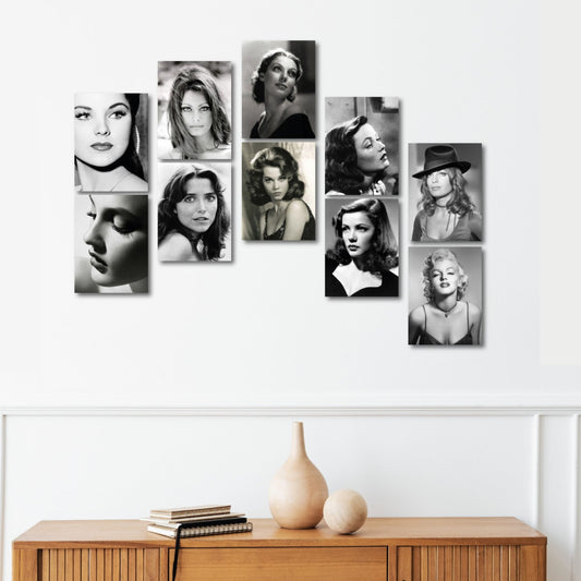 12-Piece Vintage Hollywood Icon Wooden Wall Art Set – Black & White Retro Celebrity Prints (13.5 cm x 18 cm)